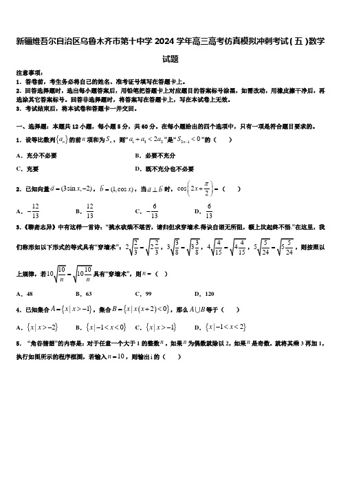 新疆维吾尔自治区乌鲁木齐市第十中学2024学年高三高考仿真模拟冲刺考试(五)数学试题