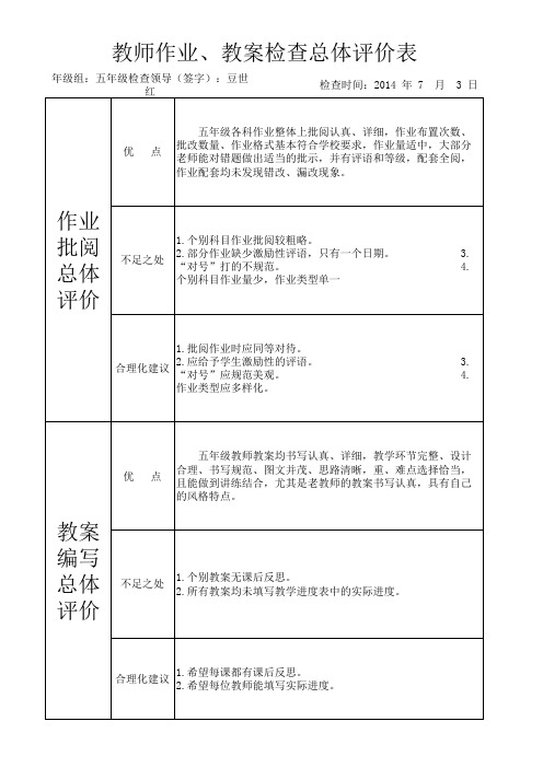 五年级作业、教案检查表