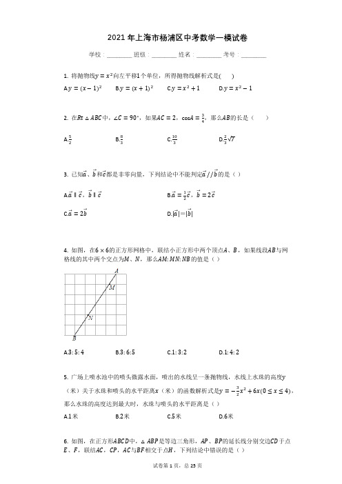 2021年上海市杨浦区中考数学一模试卷有答案