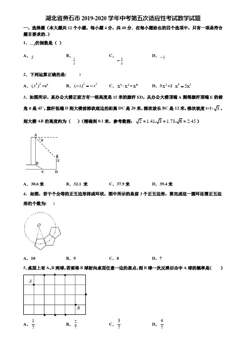 湖北省黄石市2019-2020学年中考第五次适应性考试数学试题含解析