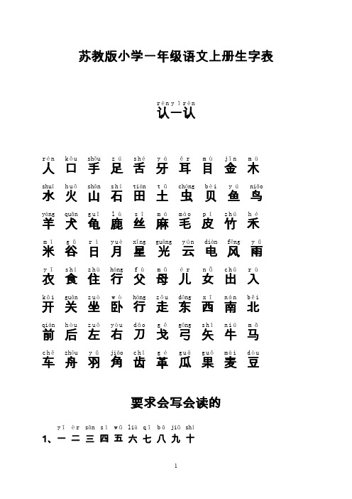 苏教版小学一年级语文上、下册生字表(一、二类字带拼音).