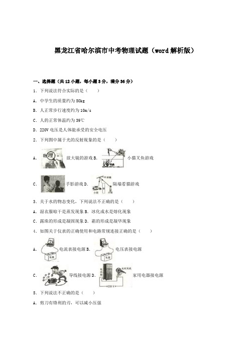 黑龙江省哈尔滨市中考物理试题(word解析版)