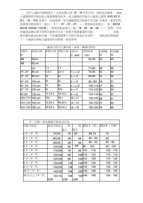 婴儿儿童服装尺码、身高、衣长对照表及计算表