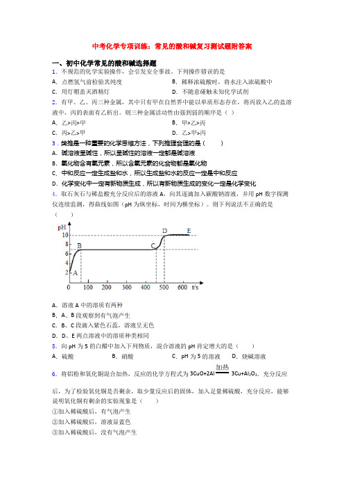 中考化学专项训练：常见的酸和碱复习测试题附答案