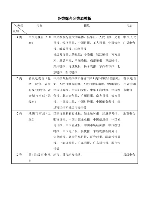 各类媒介分类表模板