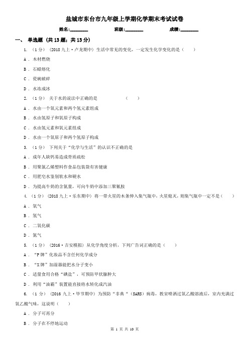 盐城市东台市九年级上学期化学期末考试试卷