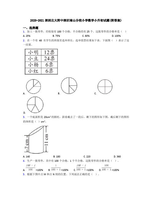 2020-2021深圳北大附中深圳南山分校小学数学小升初试题(附答案)