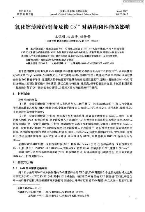 氧化锌薄膜的制备及掺Co 2+对结构和性能的影响