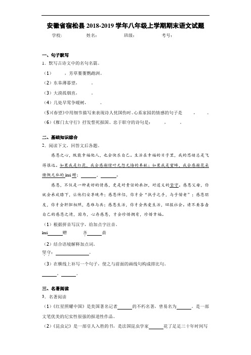 安徽省宿松县2018~2019学年八年级上学期期末语文试题