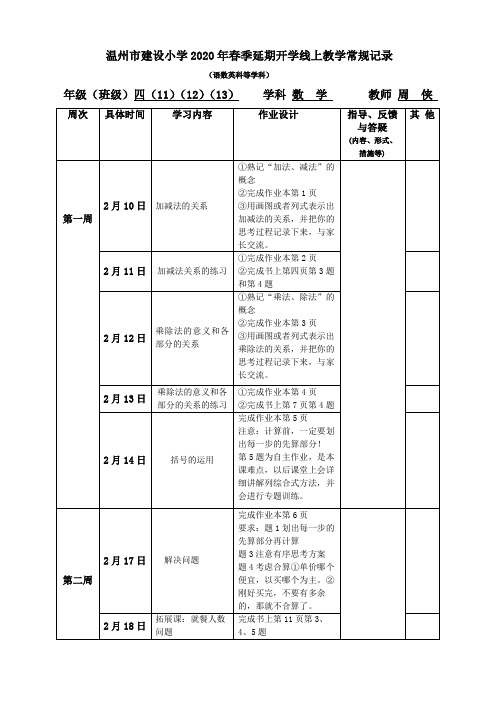 周侠温州市建设小学延期开学线上教学常规记录(语数英科等学科)