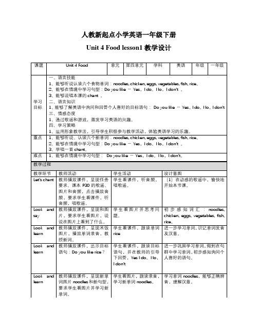 人教新起点一年级下册英语教案-Unit4 food lesson1