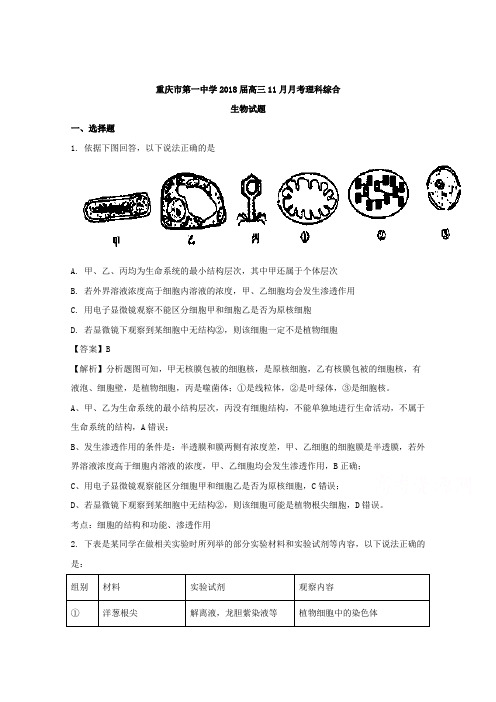 【解析】重庆市第一中学2018届高三11月月考理科综合生物试题含解析