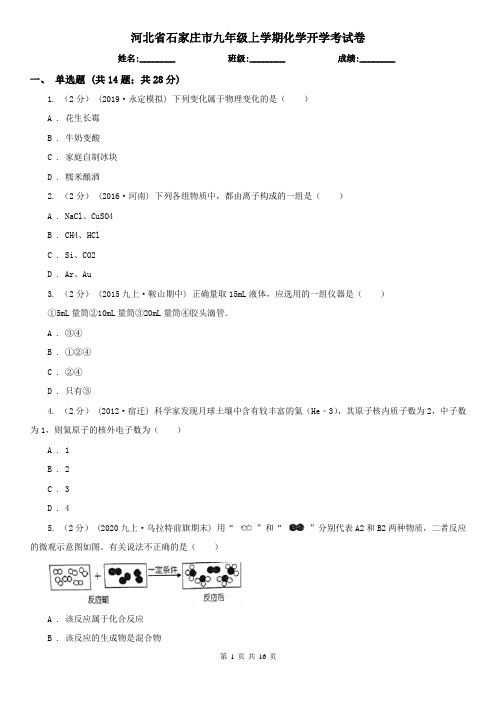 河北省石家庄市九年级上学期化学开学考试卷