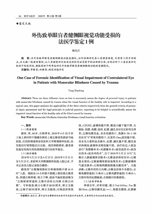 外伤致单眼盲者健侧眼视觉功能受损的法医学鉴定1例