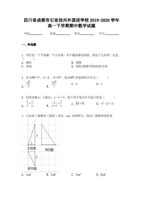 四川省成都市石室佳兴外国语学校2019-2020学年高一下学期期中数学试题