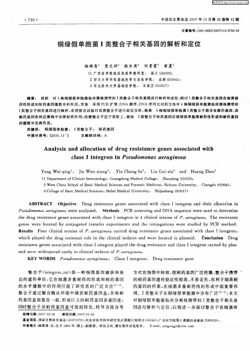 铜绿假单胞菌I类整合子相关基因的解析和定位
