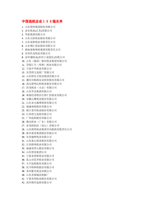 中国造纸企业100强名单