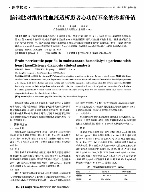 脑钠肽对维持性血液透析患者心功能不全的诊断价值