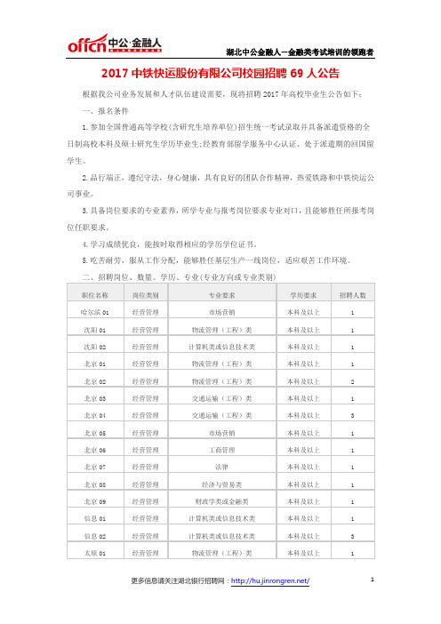 2017中铁快运股份有限公司校园招聘69人公告