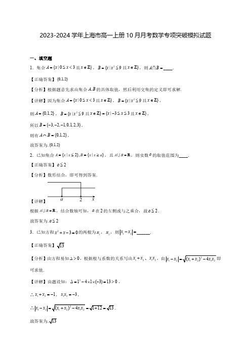 2023-2024学年上海市高一上学期10月月考数学专项突破模拟试题(含解析)