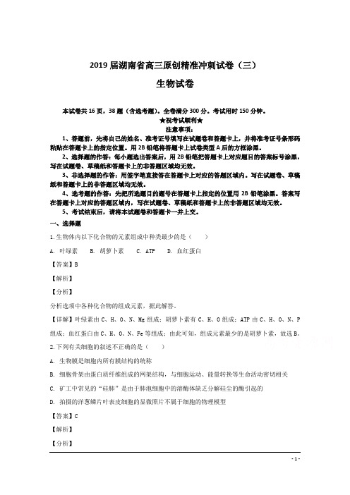 2019届湖南省高三原创精准冲刺试卷(三)生物试卷
