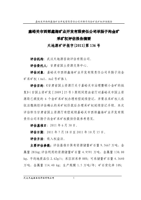 采矿权评估案例——嘉峪关市西部鑫海矿业开发有限责任公司羊肠子沟金矿采矿权评估报告