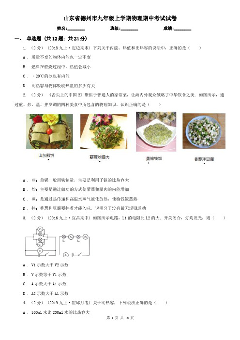 山东省德州市九年级上学期物理期中考试试卷