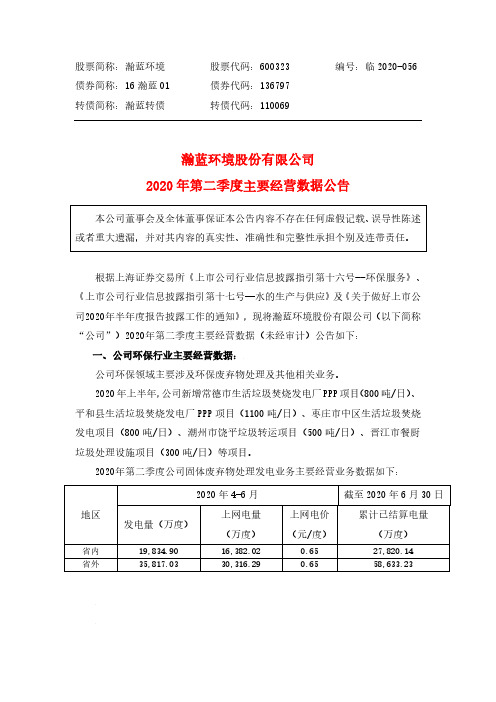 2020-08-14 瀚蓝环境 2020年第二季度主要经营数据公告