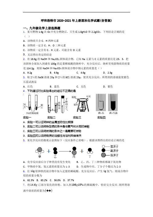 呼和浩特市2020-2021年初三化学上册期末化学试题(含答案)