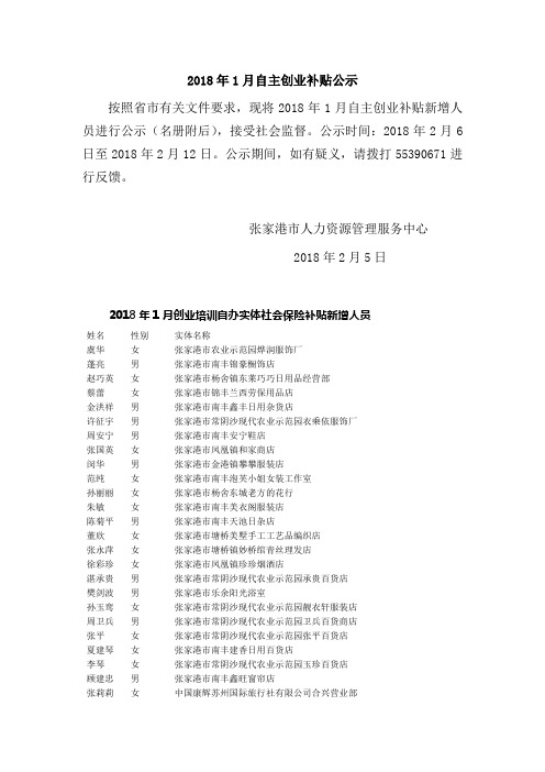 2018年1月自主创业补贴公示