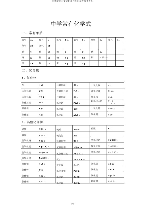 完整版初中常见化学式及化学方程式大全