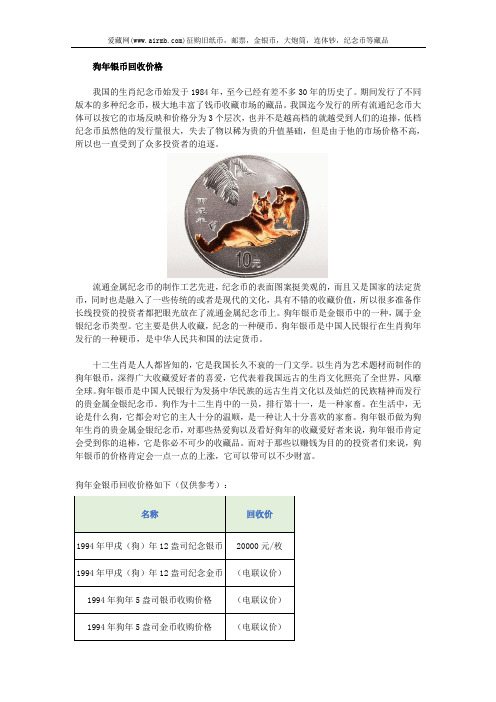 狗年银币回收价格