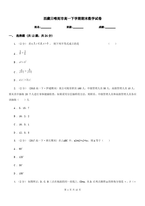 西藏日喀则市高一下学期期末数学试卷