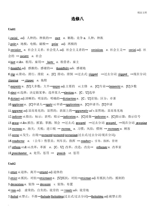 人教版高中英语选修8重点词词性转换