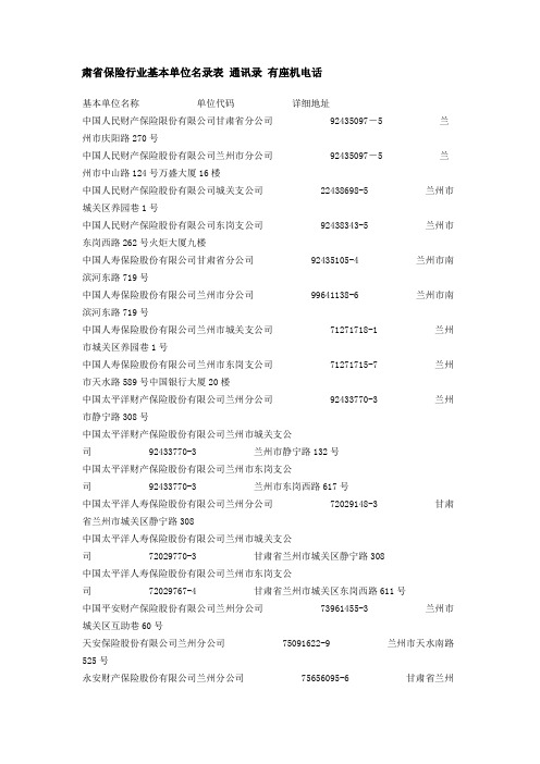 甘肃省保险行业基本单位名录表 通讯录 有座机电话