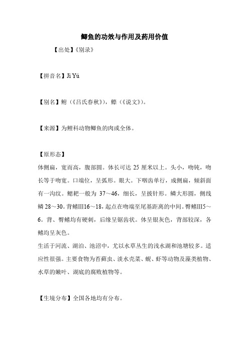 鲫鱼的功效与作用及药用价值