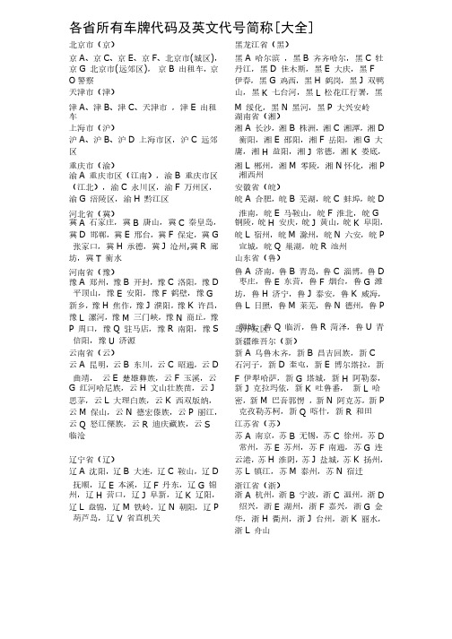 各省所有车牌代码及英文代号简称[大全]