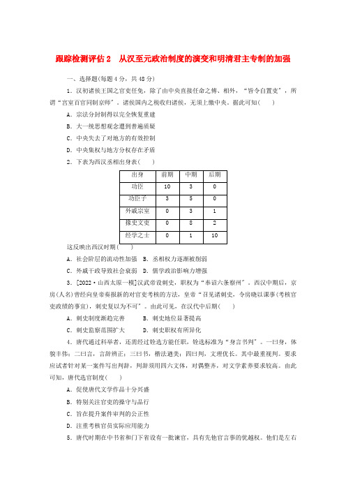 2022高考历史一轮复习跟踪检测评估2从汉至元政治制度的演变和明清君主专制的加强新人教版