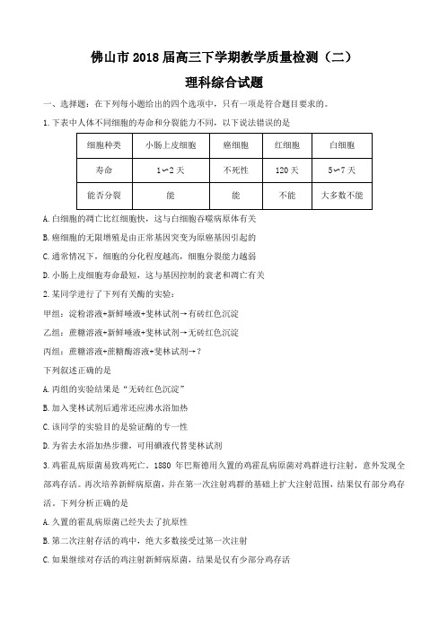 广东省佛山市2018届高三下学期教学质量检测二理综试题含答案