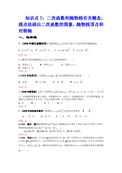 2008年中考数学试题按知识点分类汇编(二次函数和抛物线概念、描点法画二次函数图象、顶点和对称轴)