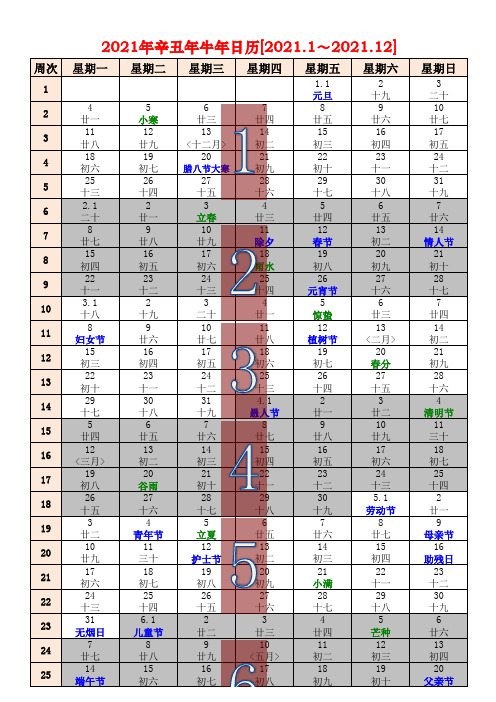 2021年日历2021年辛丑年牛年日历含2021年农历阴历周历节气A4可直接打印(最新版)