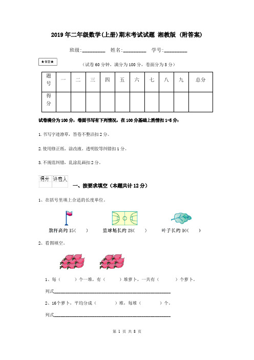 2019年二年级数学(上册)期末考试试题 湘教版 (附答案)