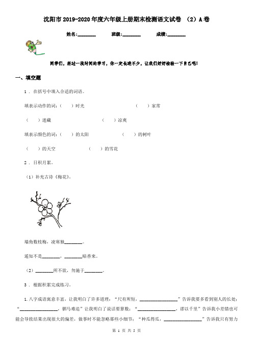 沈阳市2019-2020年度六年级上册期末检测语文试卷 (2)A卷