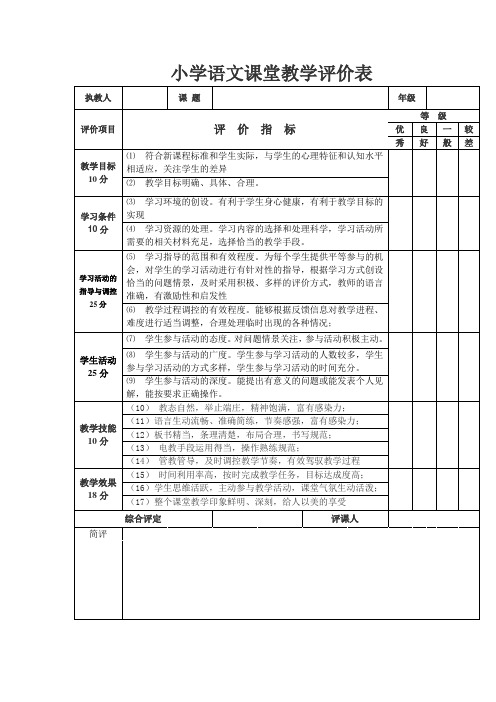 小学课堂教学评价表