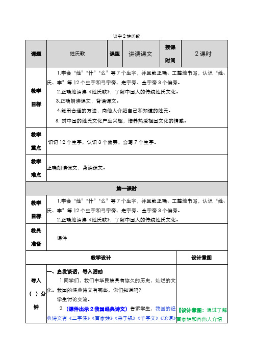 部编语文一年级下册  2 姓氏歌  教案