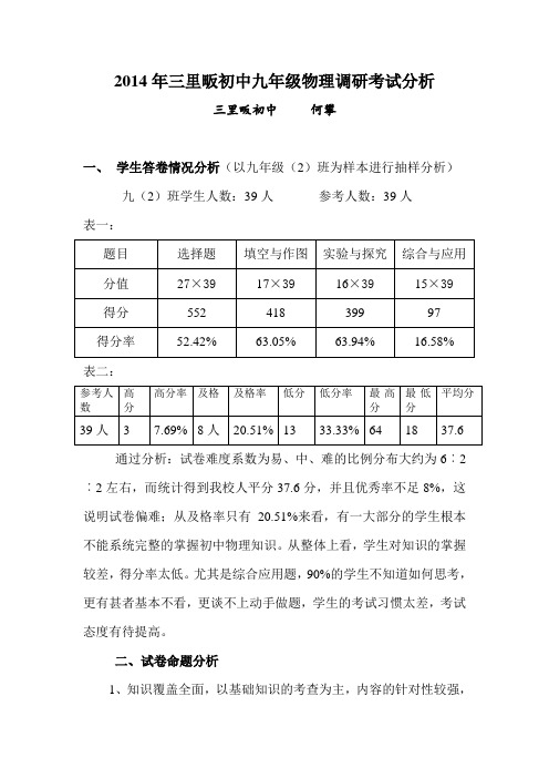 2014年物理调研考试试卷分析