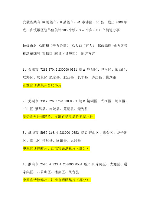 安徽省区县市概括