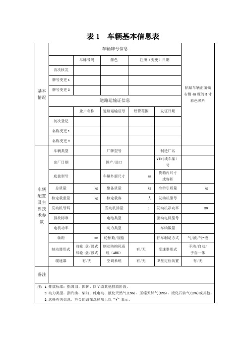 表1车辆基本信息表