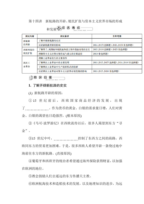 2019年江苏高考历史必修二精品复习讲义：第十四讲 新航路的开辟、殖民扩张与资本主义世界市场的形成和发展