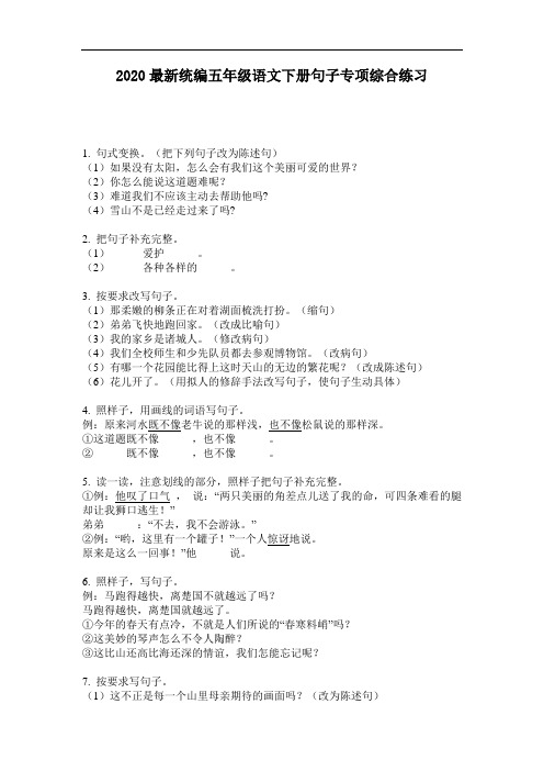 2020最新统编五年级语文下册句子专项综合练习-含答案